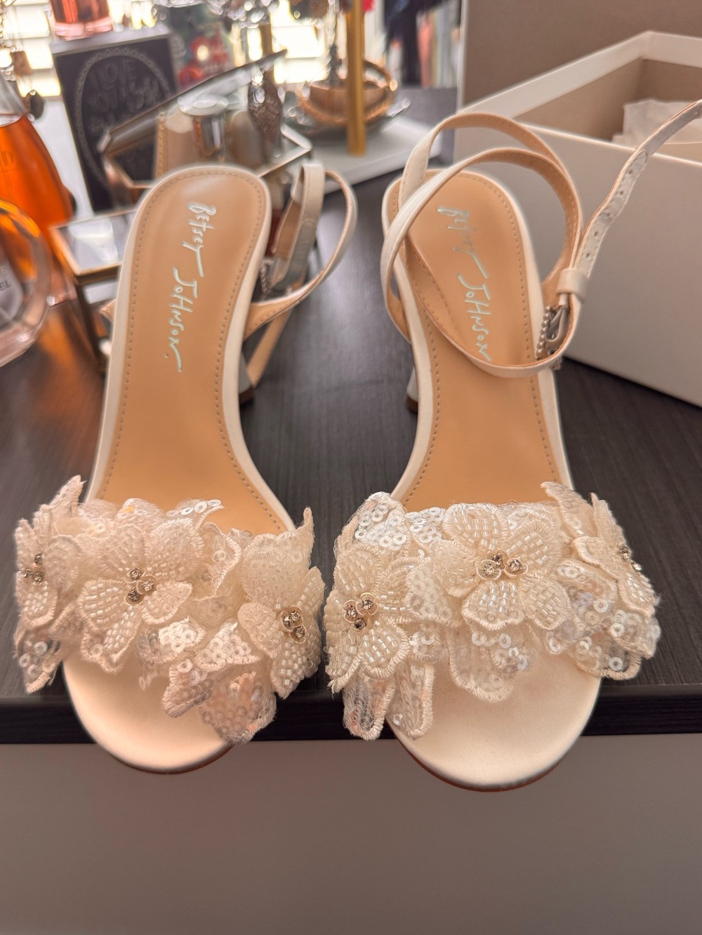 Betsey Johnson Ivory Floral Appliqué Slingback Heels
